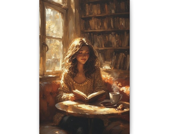Cozy Bookshop Woman Canvas | Reading Art Print, Warm Sunlit Scene