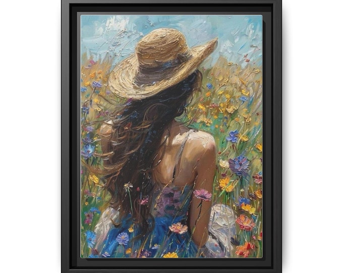 Woman in Field with Straw Hat Matte Canvas Framed | Impressionist floral painting