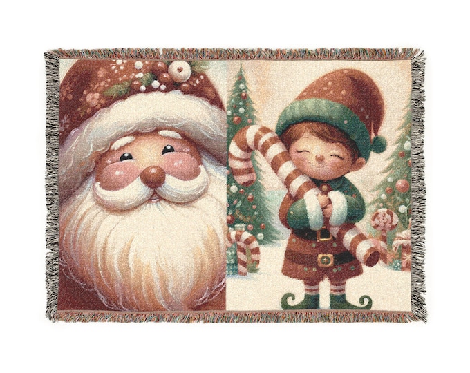 Christmas Elf Woven Blanket | Holiday Cottage Night Scene, Starry Sky