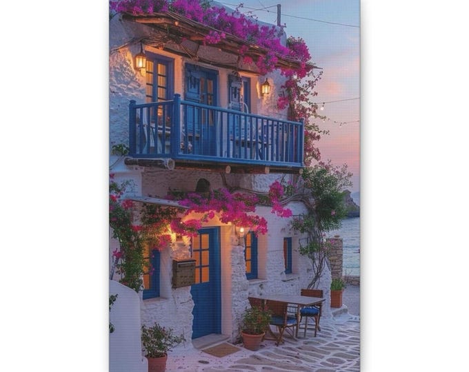 Mediterranean Blue Balcony Canvas | Coastal Wall Art, Sunset Village Print
