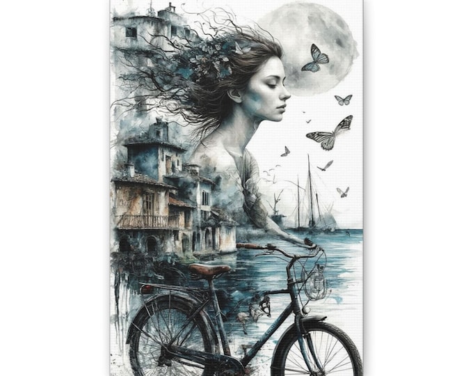 Dreamscape Woman Bicycle Canvas | Surreal Moonlit Seaside Wall Art