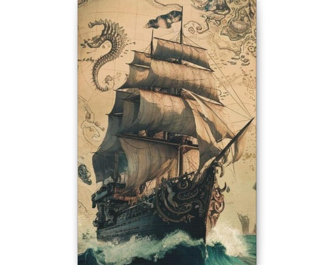 Vintage Pirate Ship Canvas | Nautical Wall Art, Sailing Ship Illustration