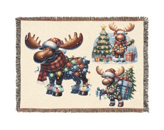 Holiday Moose Family Woven Blanket | Christmas Tree, Santa Hat, Cozy Cabin Décor