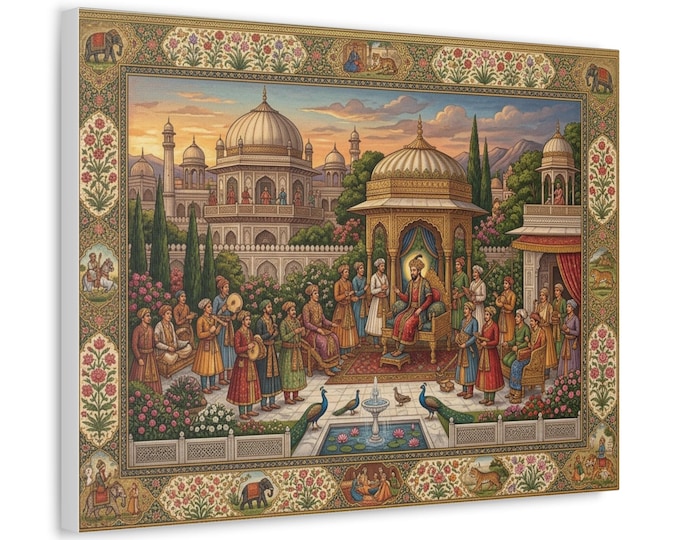 Royal Court Scene Stretched Canvas | Persian Miniature Palace Artwork