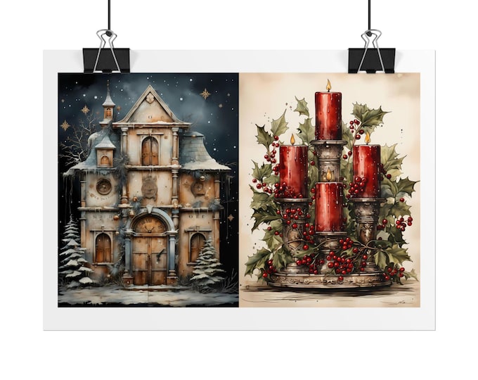 Victorian Snowy House & Red Candle Cluster Rolled Poster | Christmas Winter Art