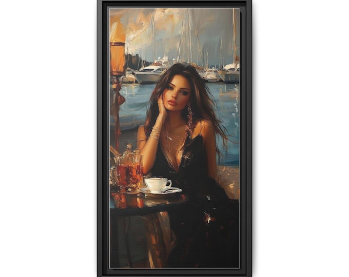 Woman at Harbor Painting Canvas Framed Print | Matte Multi-Color