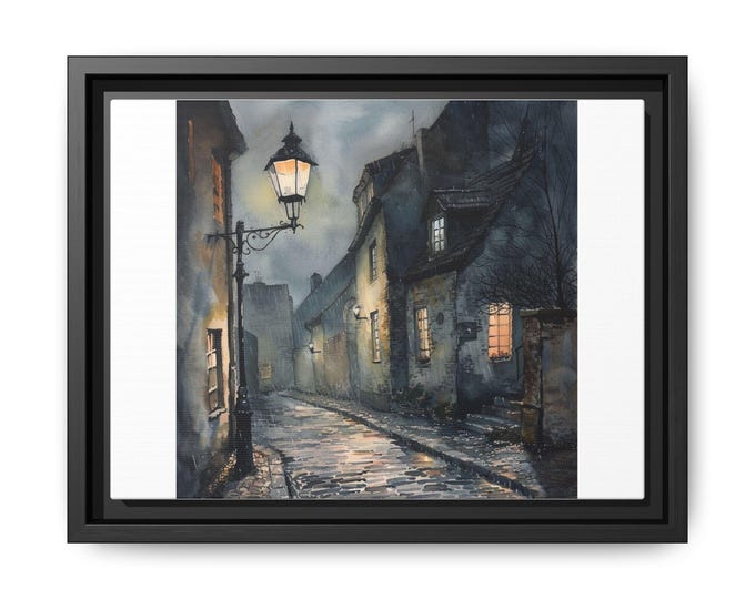 Cobblestone Night Street Matte Canvas Framed | Atmospheric Village Scene