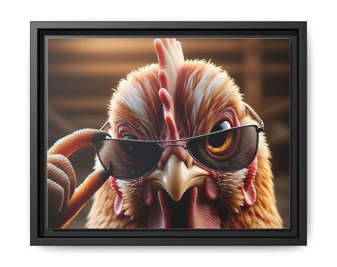Framed Matte Canvas Print, Chicken with Sunglasses, Playful Wall Art