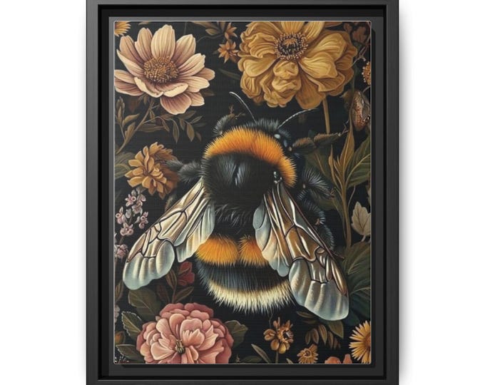 Vintage Floral Bumblebee Matte Canvas Framed | Bee Wall Art