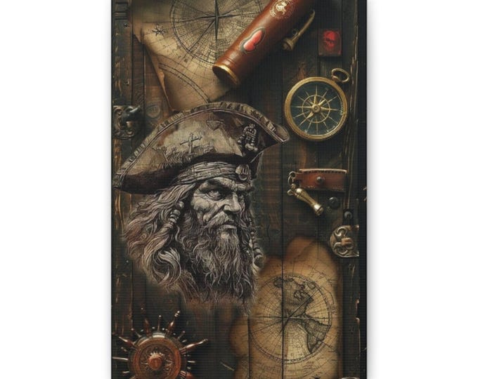 Vintage Pirate Map Canvas | Nautical Compass Wall Art, Seafaring Skull Portrait