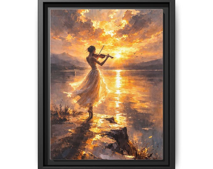 Violinist at Sunset Matte Canvas Framed | Woman Playing Violin Art Print