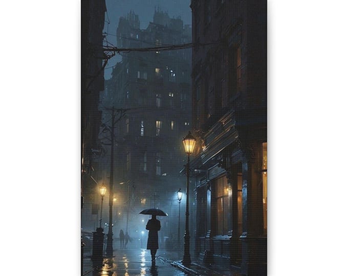 Rainy Night Cityscape Canvas | Noir Street, Umbrella Silhouette