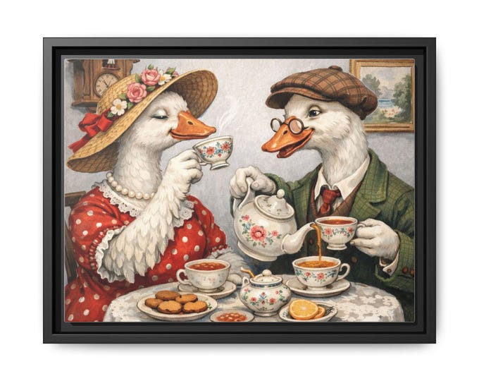 Tea-Drinking Geese Couple Matte Canvas, Framed | Vintage Animal Illustration