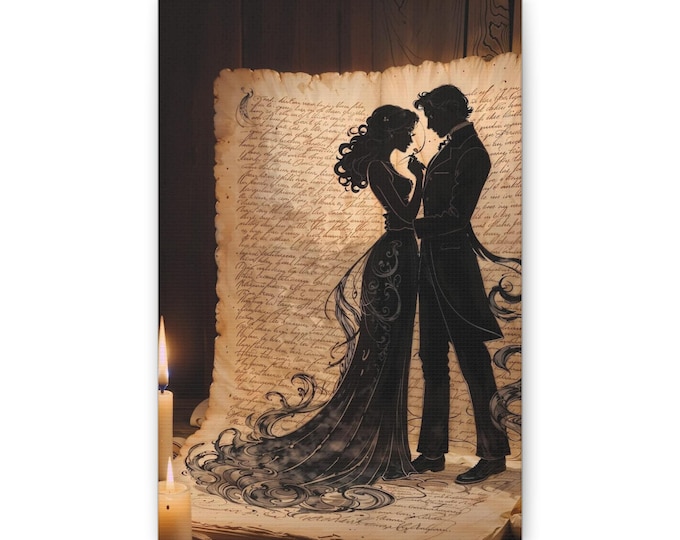 Romantic Silhouette Couple Canvas | Vintage Script Candlelit Wall Art