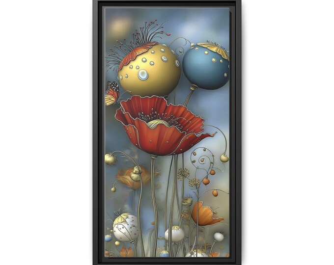 Whimsical Poppy and Bubbles Floral Matte Canvas Framed