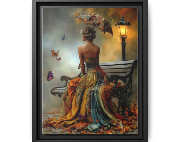 Woman with Umbrella and Butterflies Matte Canvas Framed