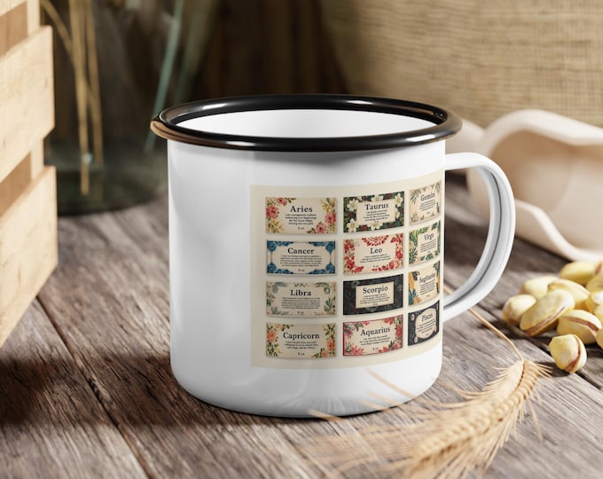 Vintage Zodiac Labels Enamel Camp Cup | Astrology Signs Floral Labels