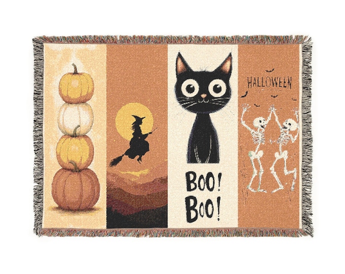 Halloween Patchwork Cat Woven Blanket | Pumpkin Witch Skeleton Panels