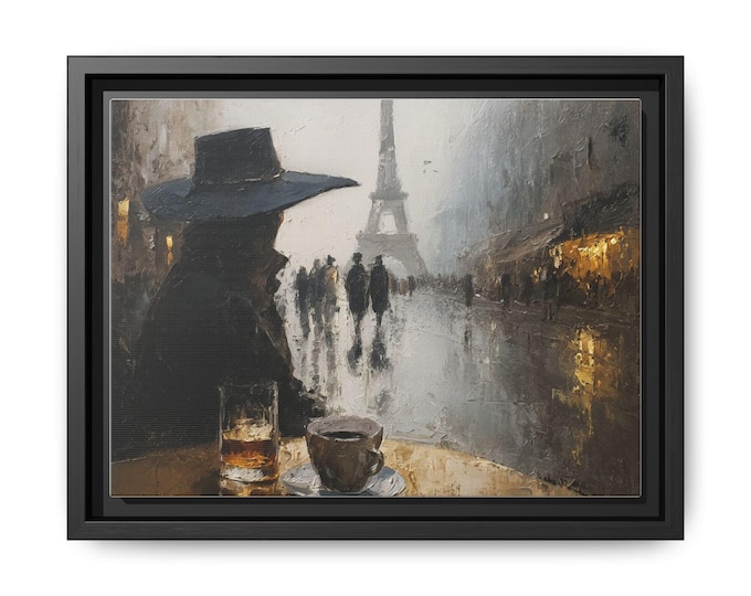 Paris Café Rainy Street Scene Matte Canvas, Framed