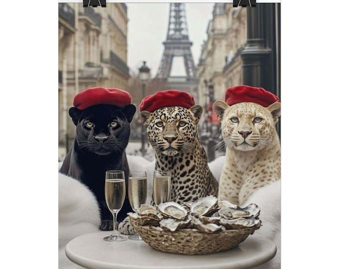 Three Parisian Big Cats Poster | Eiffel Tower, Red Berets, Champagne & Oysters