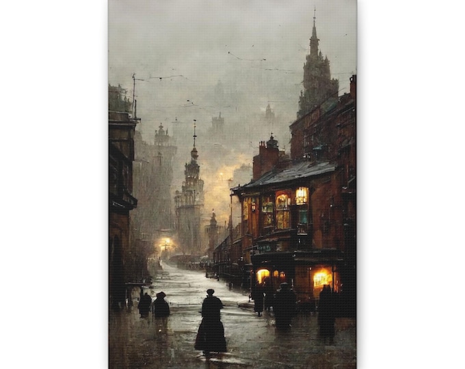 Victorian Rainy Street Scene Canvas | Cityscape Wall Art