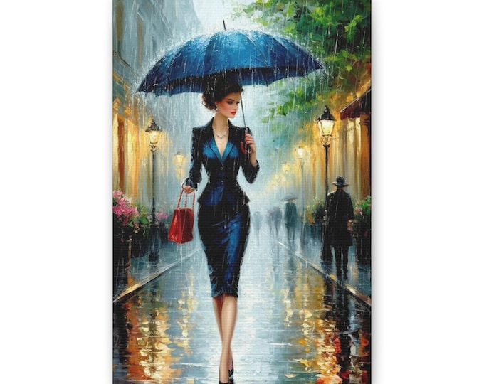 Woman With Umbrella Canvas Wall Art | Rainy City Street Painting Woman