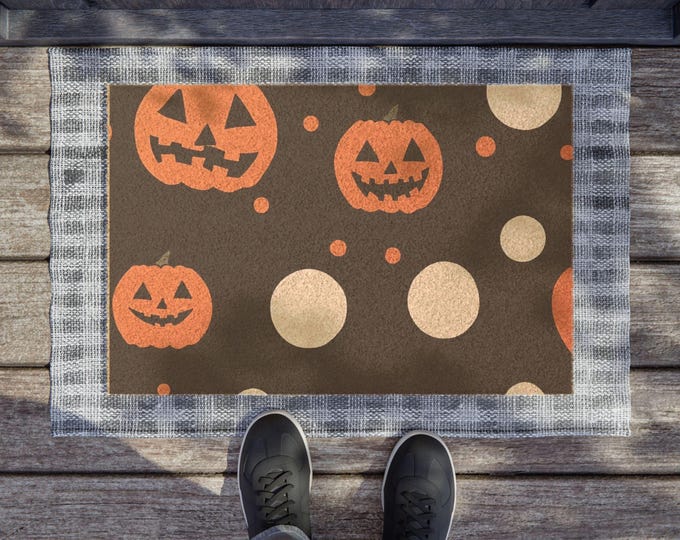 Jack-o'-Lantern Polka Dot Doormat | Halloween Pumpkin Welcome Mat