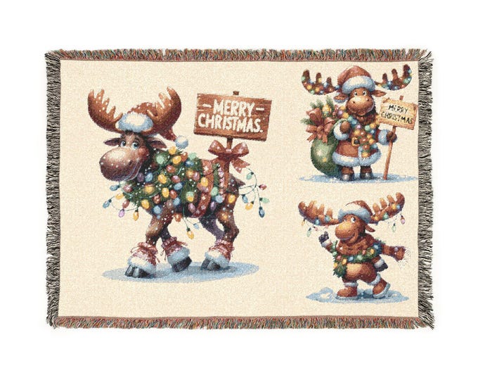 Christmas Moose Woven Blanket | Holiday Reindeer Throw, Cozy Cabin Décor