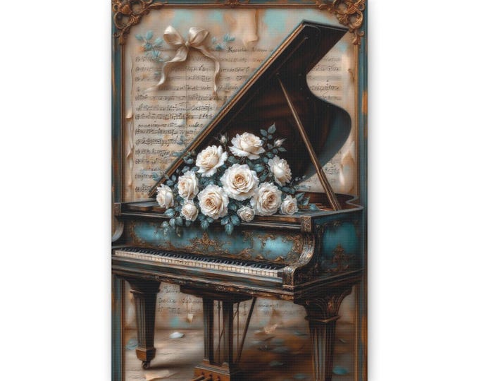 Antique Grand Piano with White Roses Canvas