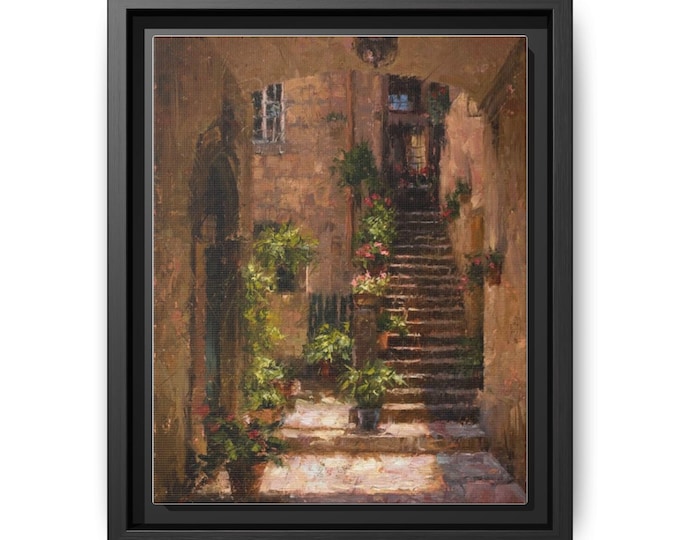 Mediterranean Alleyway Staircase Art Matte Canvas Framed