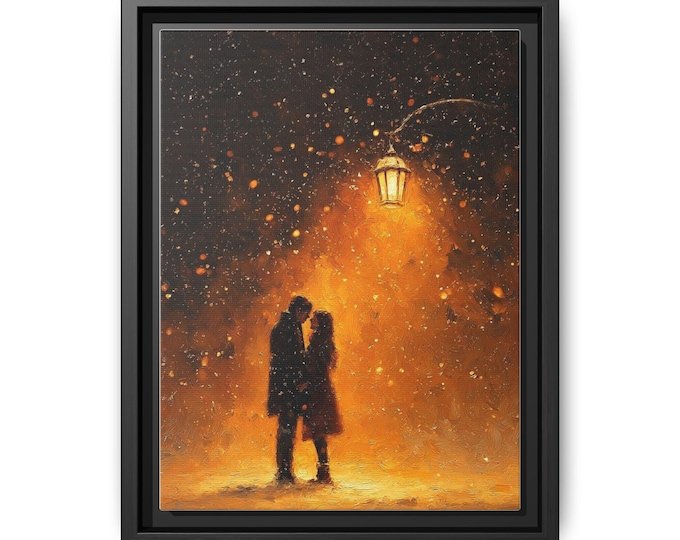 Romantic Couple Under Streetlamp Matte Canvas Framed | Night Snow Wall Art