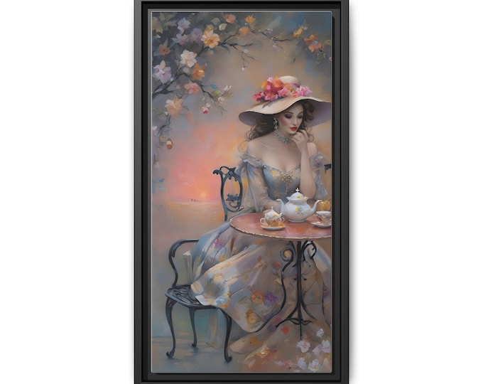 Vintage Woman at Tea Matte Canvas Framed | Romantic Floral Wall Art