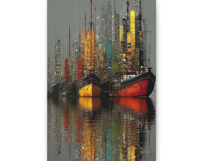 Colorful Harbor Boats Canvas | Nautical Cityscape Wall Art