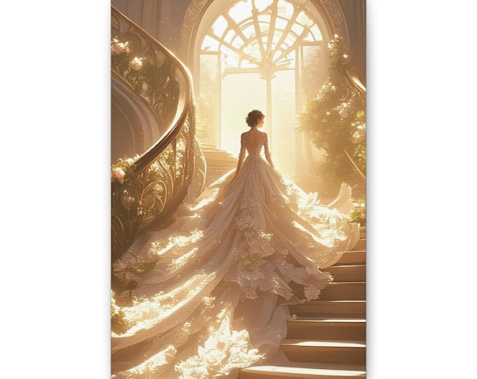 Bridal Gown Portrait Canvas | Wedding Dress Wall Art, Elegant Staircase Scene