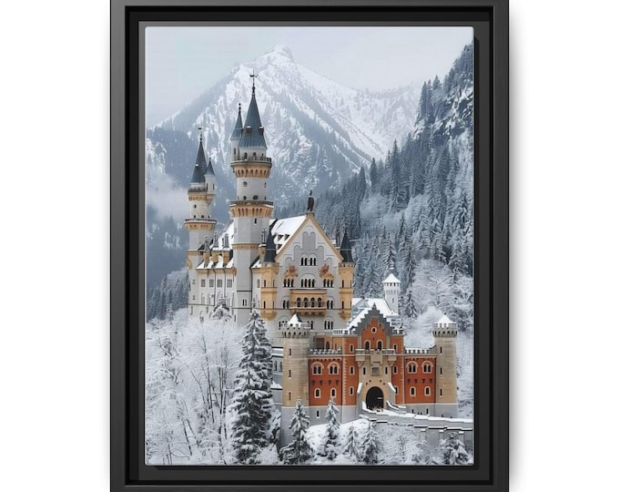 Neuschwanstein satosu Winter Castle Matte Canvas Framed | Snowy Mountain Landscape Wall Art