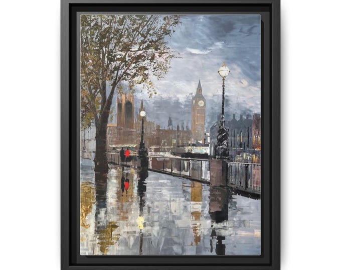 Rainy London Street with Big Ben Matte Canvas, Framed
