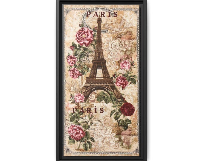 Eiffel Tower Rose Print Canvas Framed Wall Art | Paris Vintage Floral