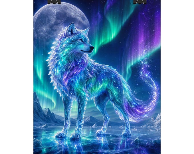 Aurora Wolf Rolled Poster | Neon Northern Lights Canine Art