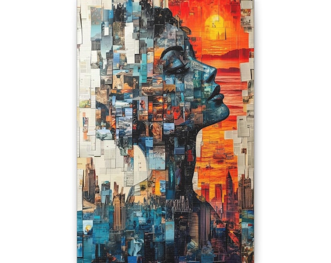 Cityscape Woman Profile Canvas | Mixed Media Urban Portrait Wall Art