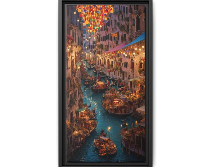 Venetian Canal Nightscape Matte Canvas Framed | Cityscape Wall Art