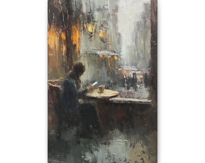 Rainy Cafe Scene Canvas | Moody Coffee Shop Wall Art