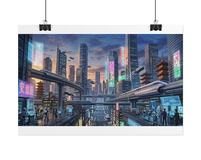 Futuristic Neon Cityscape Rolled Poster | Cyberpunk Skyline Print