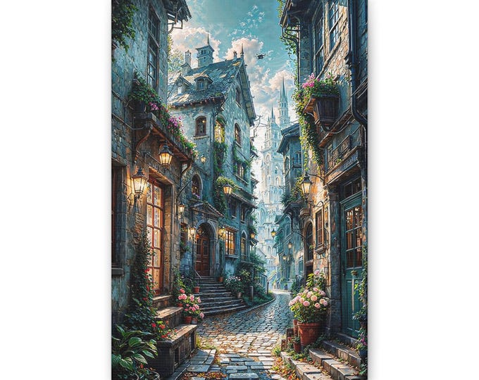 Cobblestone Village Street Canvas | Romantic European Alleyway Wall Art