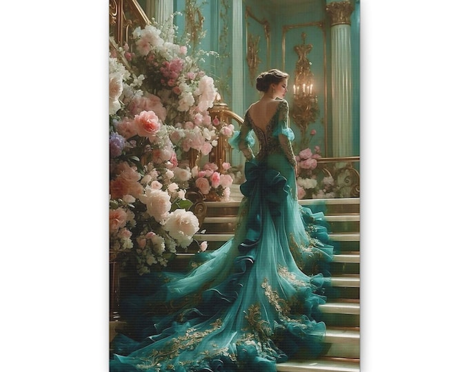 Woman in Emerald Ball Gown Canvas | Elegant Victorian Staircase Art Print