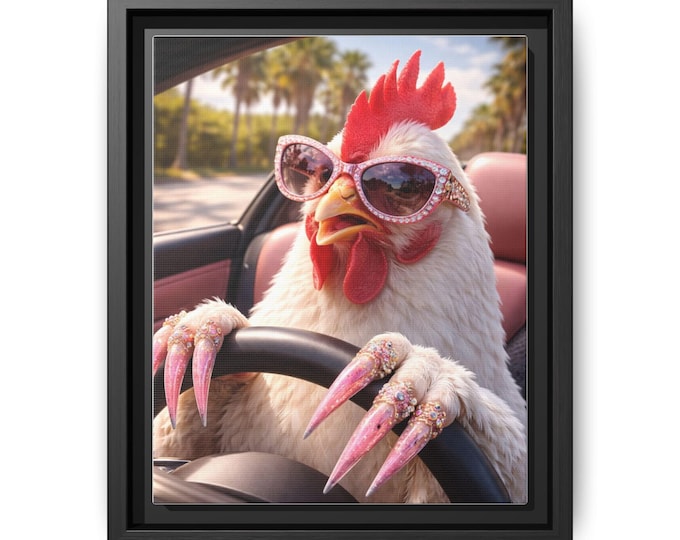 Chic Driving Chicken Art Matte Canvas Framed | Funny Rooster Wall Art
