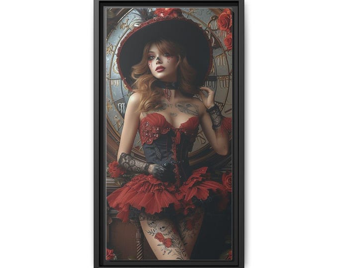 Gothic Pinup Witch in Red Corset Matte Canvas Framed Wall Art