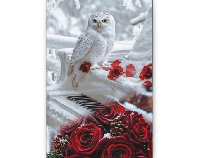 Snowy Owl on Piano Canvas | Red Roses Winter Wall Art