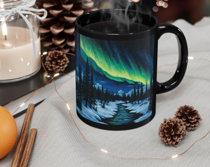Aurora Borealis Snowy Pine Forest Mug | Black Ceramic Coffee Cup