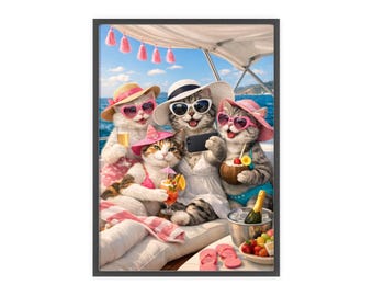 Póster de gatos en un yate / Cuadro de pared con gatos en la playa