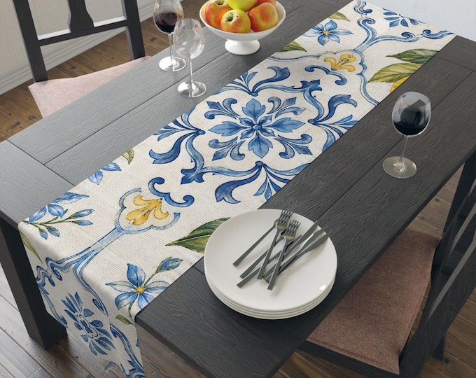 Blue Floral Tile Pattern Table Runner | Mediterranean Inspired